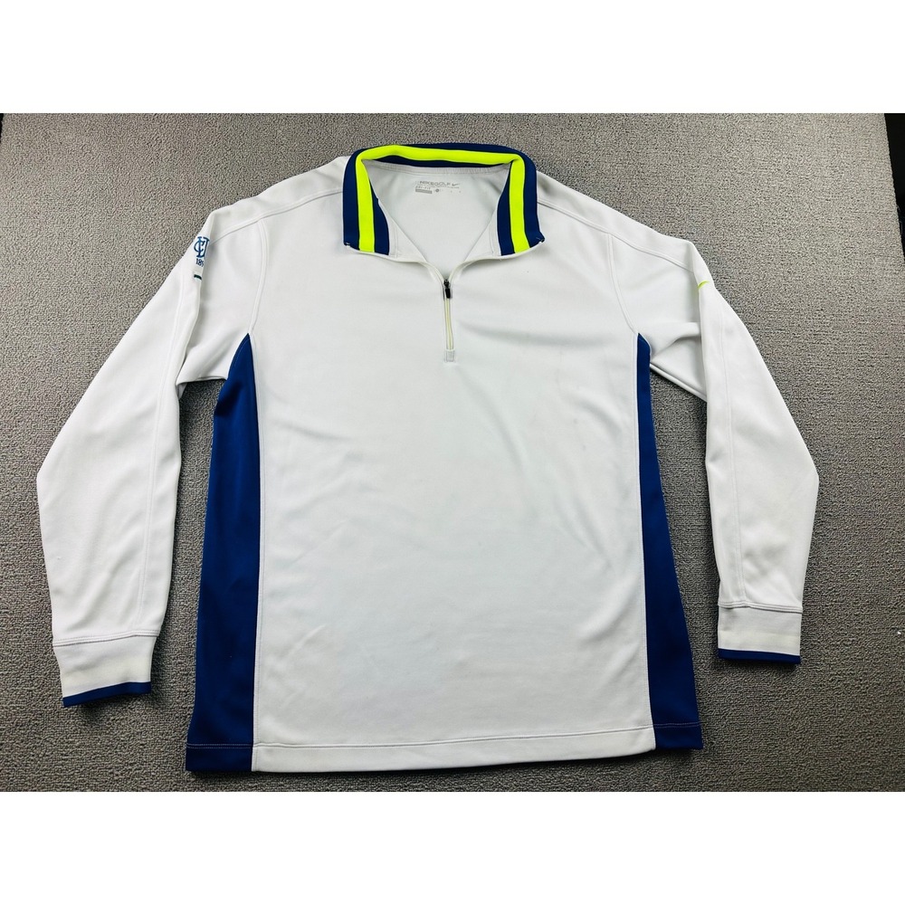 Nike Golf Dri-Fit 1/2-Zip Pullover Men L White Blue Volt Long Sleeve Activewear